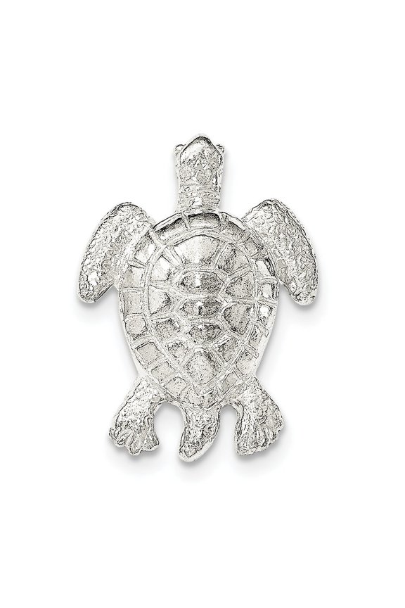 Sterling Silver Polished and Textured 3-d Turtle Chain Slide Pendant - Measures 35x27mm Wide