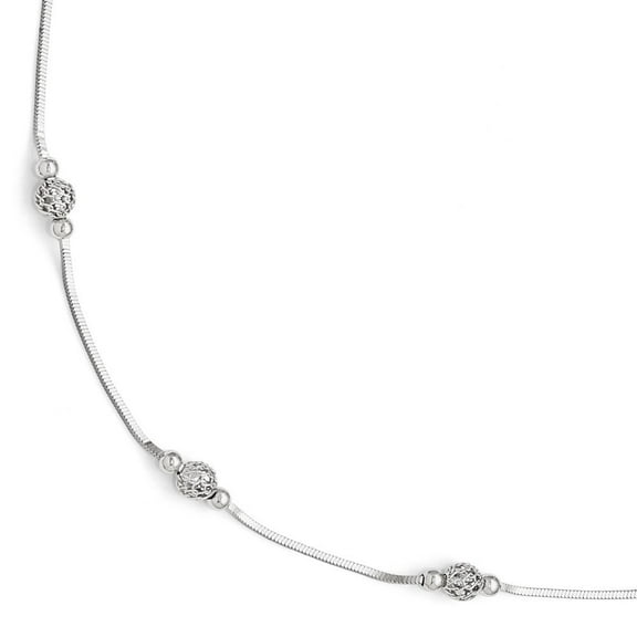 Sterling Silver Polished and Textured Beaded Anklet With 1inch Ext - 9 Inch - Measures 2mm Wide