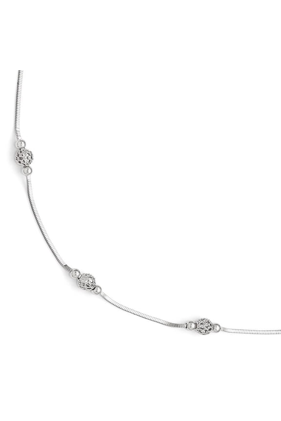 Sterling Silver Polished and Textured Beaded Anklet With 1inch Ext - 9 Inch - Measures 2mm Wide