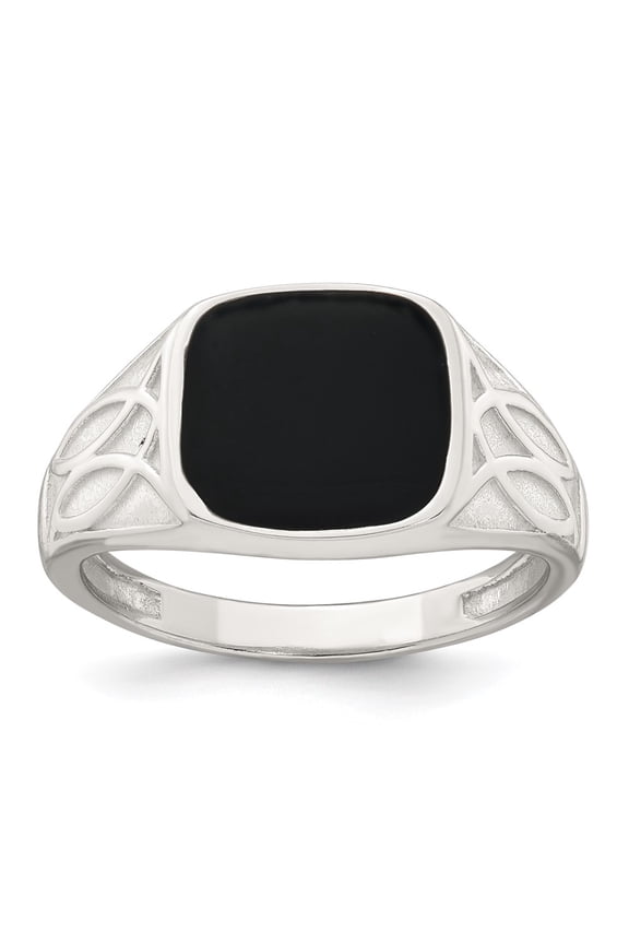 Sterling Silver Polished and Textured Black Enameled Size 9 Mens Signet Ring