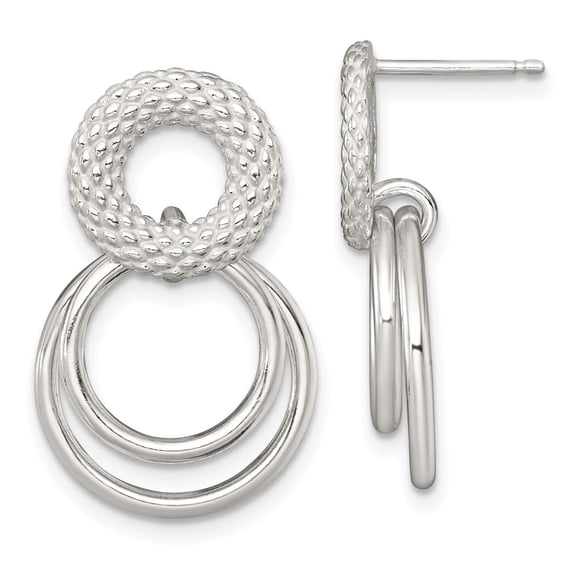 Sterling Silver Polished and Textured Double Circle Dangle Post Earrings