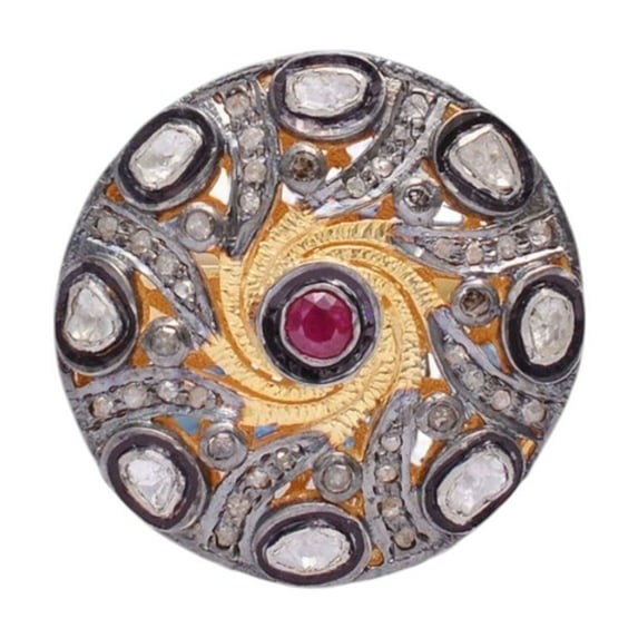 Samriddhi Creations Sterling Silver Polki Diamond and Ruby Statement Ring – Antique-Style Jewelry for Women