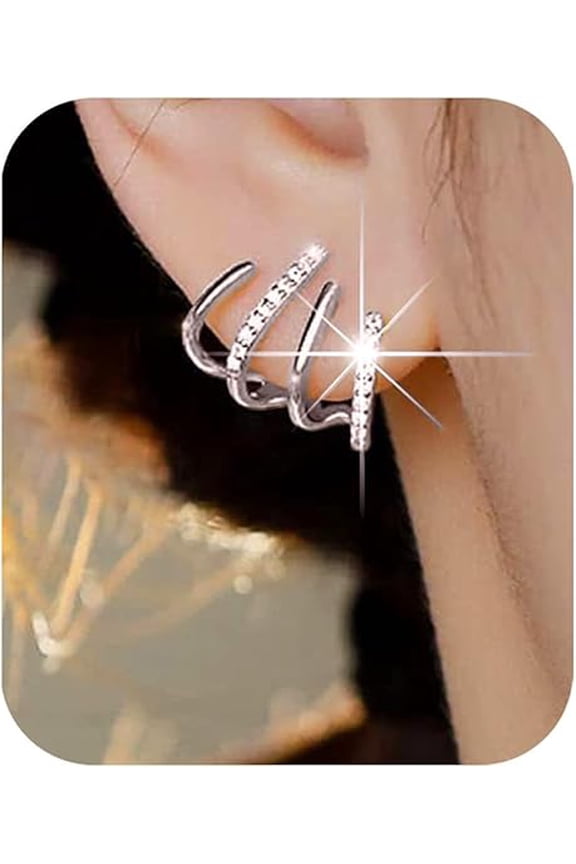 Sterling Silver Post Cubic Zirconia Half Hoop Stud Earrings Looks Like 4 Gold Hoop Earrings for Women