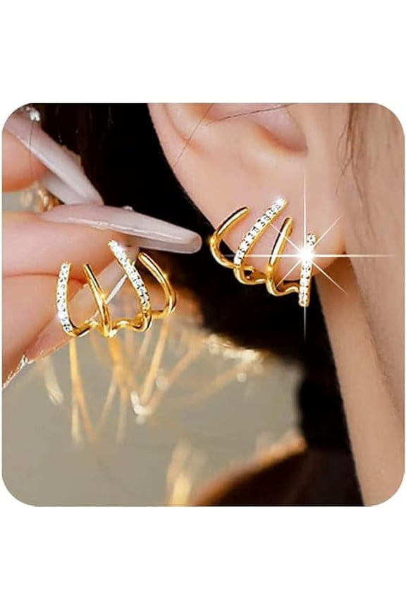 Sterling Silver Post Cubic Zirconia Half Hoop Stud Earrings Looks Like 4 Gold Hoop Earrings for Women