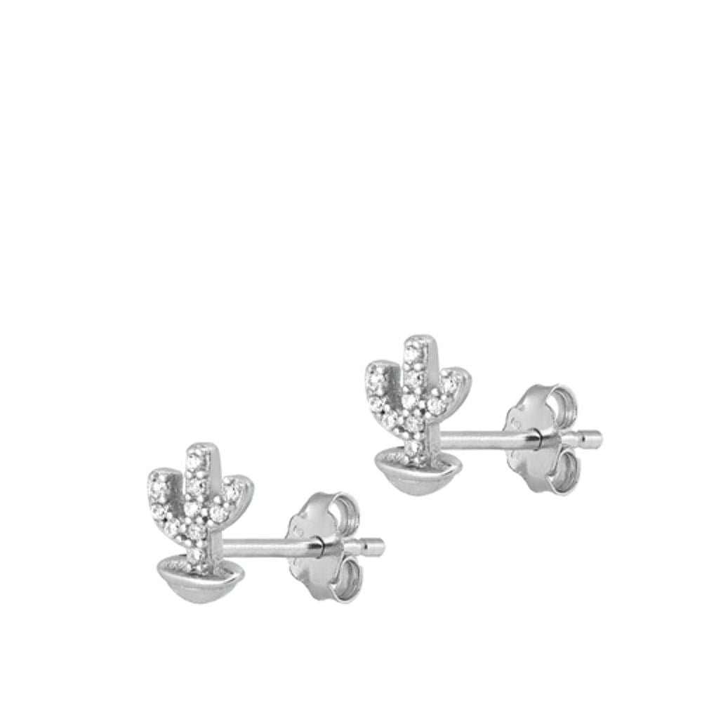 Sterling Silver Potted Cactus Plant Clear Cubic Zirconia Earrings 925 New Jewelry Female Unisex