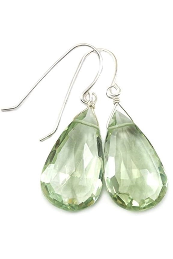 Sterling Silver Prasiolite Earrings Green Faceted Large Long Teardrop Briolettes for Adult Women