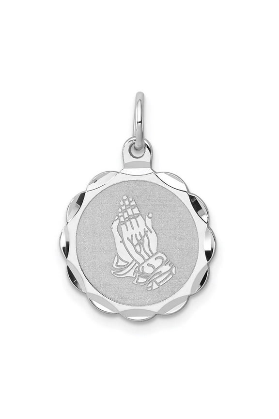 925 Sterling Silver Solid Faceted Polished Laser Etched Praying Hands Disc Charm 22x16mm Wide Pendant Necklace for Women