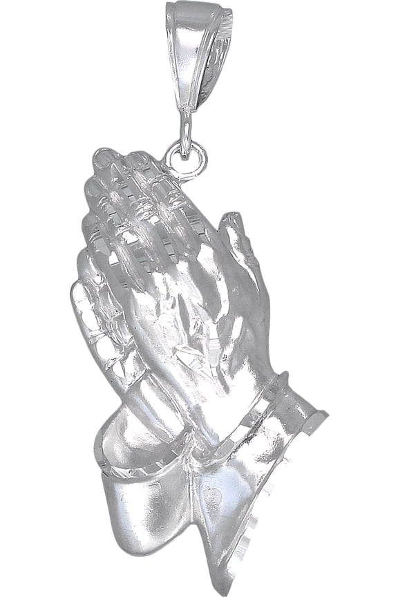 Sterling Silver Praying Hands Pendant Necklace Diamond Cut Finish. 24" Chain