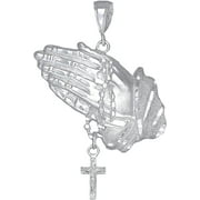 EJEWELRYPLUS Sterling Silver Praying Hands with Rosary Cross Pendant Necklace Diamond Cut Finish and 24 Inch Chain