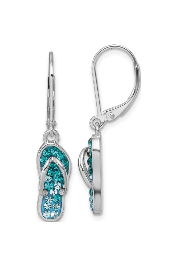 Sterling Silver Rhodium-plated Polished Blue and White Crystal Flip Flop Dangle Leverback Earrings