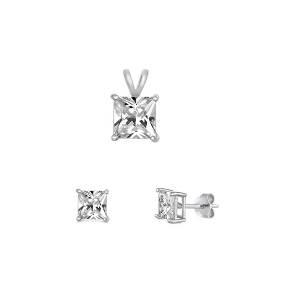 Sterling Silver Princess Cut 4mm Clear Cubic Zirconia Earrings & 6mm Pendant Set 925 Jewelry Female