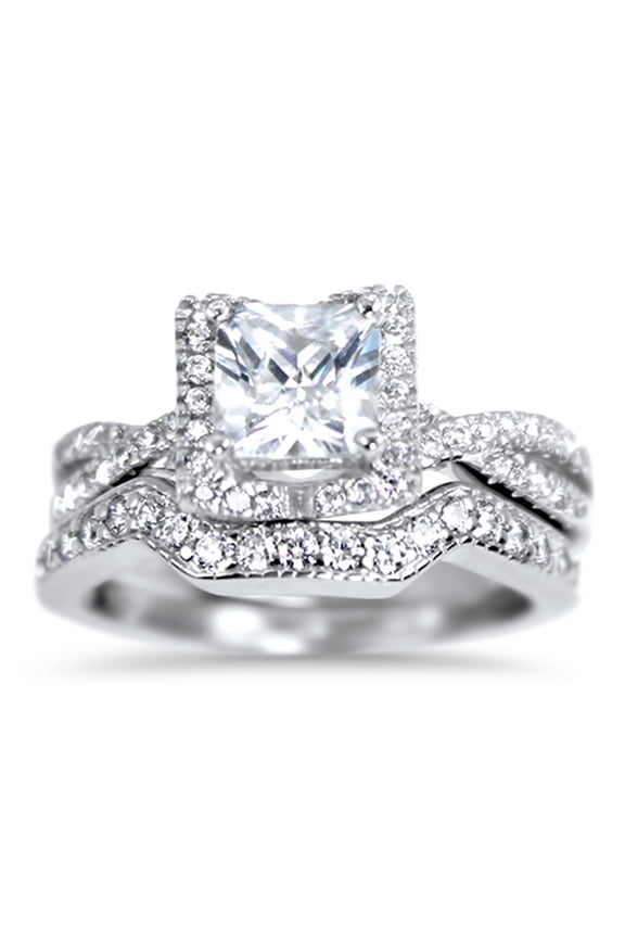 Sterling Silver Princess Cut Bridal Set Engagement Wedding Ring Set (Size 5)