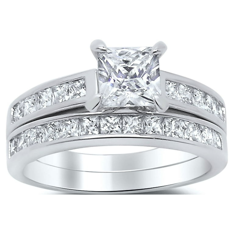 Sterling Silver Princess Cut Bridal Set Engagement White CZ Wedding Ring Set Size 9