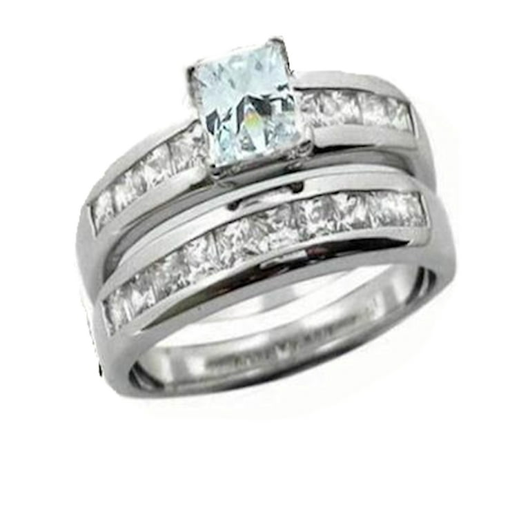 Sterling Silver Princess Cut Engagement Ring Wedding Band Bridal