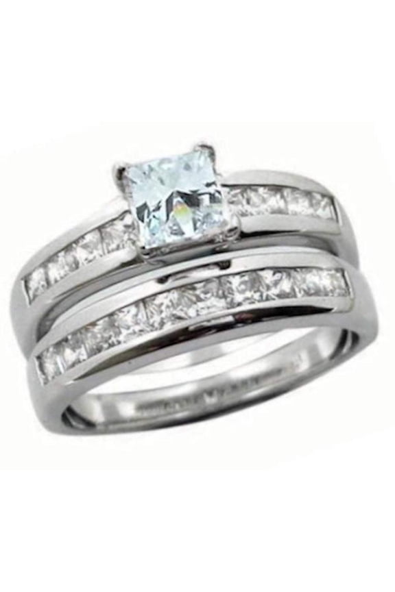 Sterling Silver Princess Cut Engagement Ring Wedding Band Bridal Set