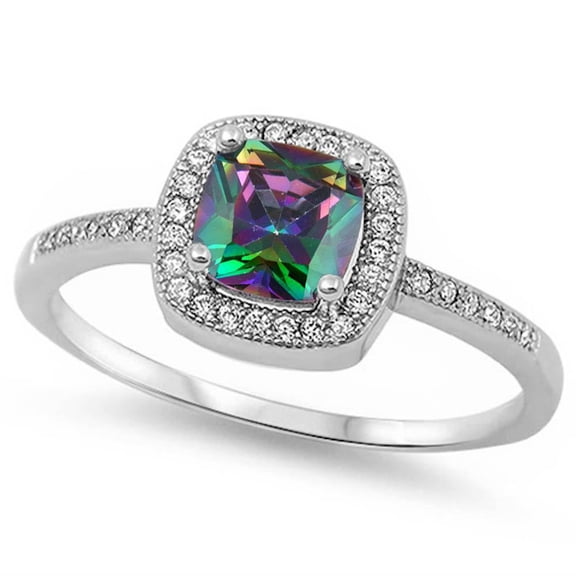 Sterling Silver Princess Cut Rainbow Synthetic Topaz CZ Classic Band Ring 8