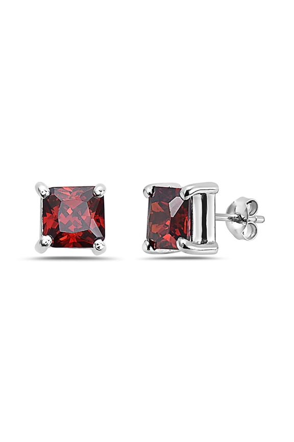 Sterling Silver Princess Cut Red Color CZ 7 mm Stud Earring