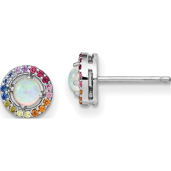 Sterling Silver Prizma Rhodium-Plated Lab Created Opal And Colorful Cz Round Post Earrings (Width 7.5) (Length 7.5) - Jbsp