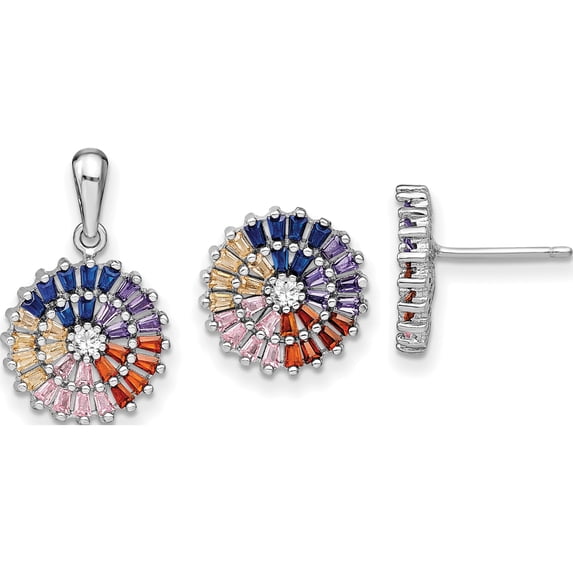 Sterling Silver Prizma Rhodium-Plated White And Colorful Cz Post Earring Pendant Set - Jbsp
