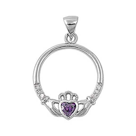 Sterling Silver Promise Heart Claddagh Pendant Simulated Amethyst Charm Jewelry Female Unisex