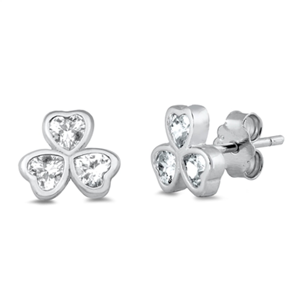 Sterling Silver Promise Heart Clover Shamrock Flower Earrings Clear CZ 925 Jewelry Female