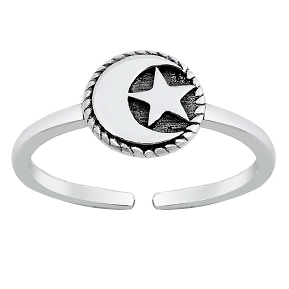 Sterling Silver Promise Moon & Star Toe Ring Oxidized Adjustable Midi Band 925 Jewelry Female Unisex