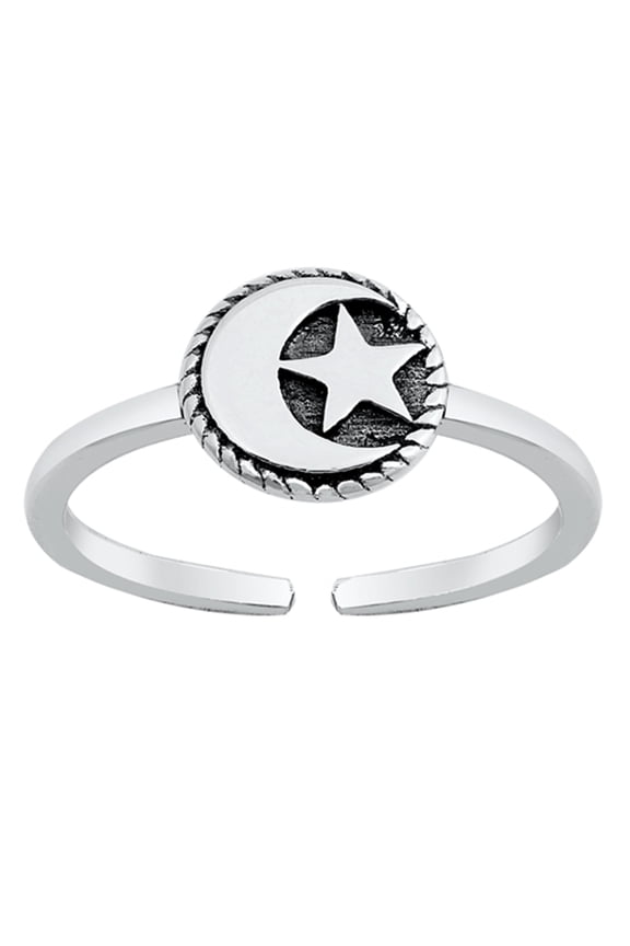 Sterling Silver Promise Moon & Star Toe Ring Oxidized Adjustable Midi Band 925 Jewelry Female Unisex