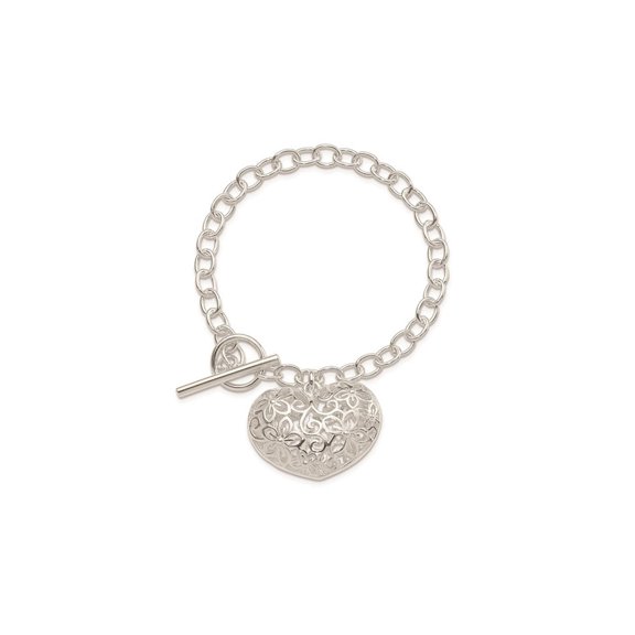 Gem & Harmony Sterling Silver Puffed Heart Toggle Bracelet for Women