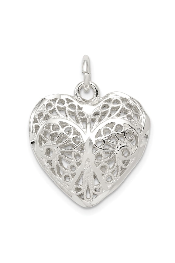 Sterling Silver Puffy Filigree Heart 3D Pendant Charm
