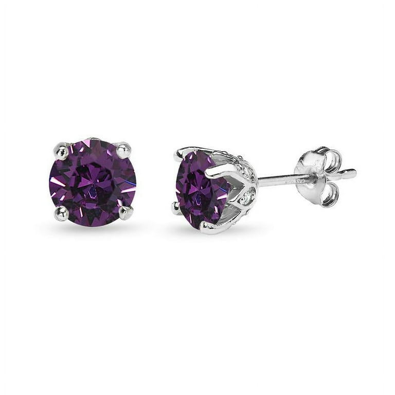 Sterling Silver 6mm Genuine Amethyst Crown Set Stud Earrings Sterling Silver 6mm Genuine Amethyst Crown Set Stud Earrings