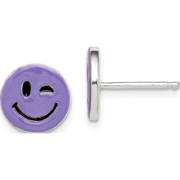 Sterling Silver Purple Enamel Winking Smiley Face Post Earrings (10 X 10) Made In India qe12919