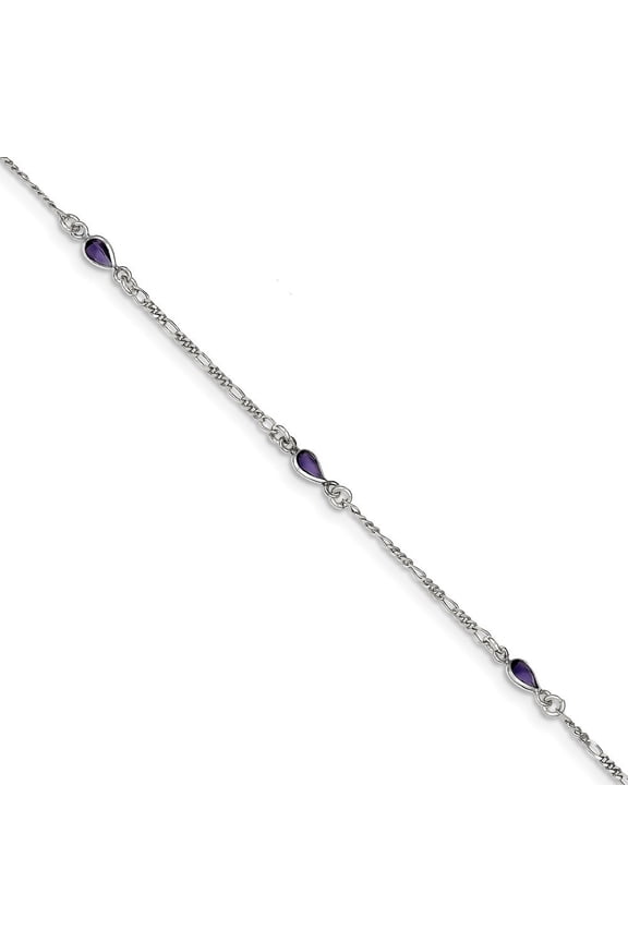 Sterling Silver Purple Glass Ankle Bracelet - 9 Inch - Spring Ring - Measures 4mm Wide