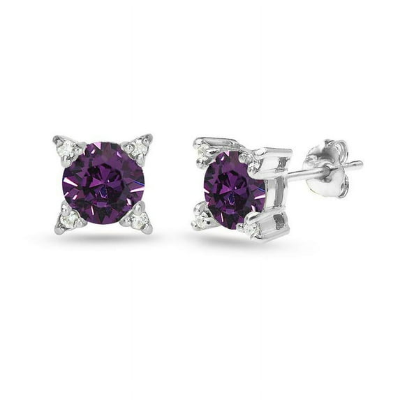 Sterling Silver Purple Studded Solitaire Stud Earrings Made with Swarovski Crystals