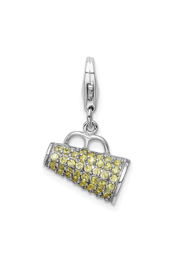 Sterling Silver Purse Charm for Women with Yellow and White Cubic Zirconia, Fashion Handbag Pendant for Necklace or Bracelet, Jewelry Collectible