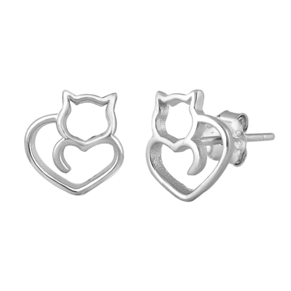 Sterling Silver Pussy Cat Heart Love Kitten Pet Stud Earrings 925 New Jewelry Female Unisex