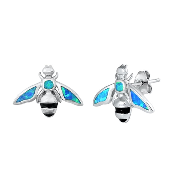 Sterling Silver Queen Bee Animal Insect Bug Earrings Blue Simulated Opal 925 New Jewelry Female