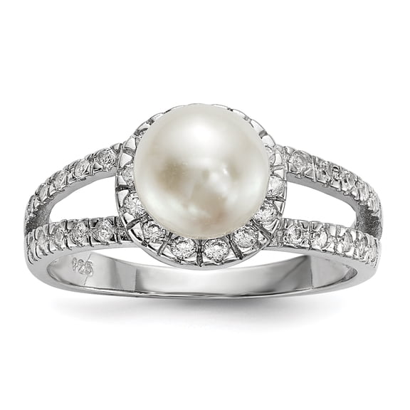 Sterling Silver Rhodium-plated 7-8mm White Button Freshwater Cultured Pearl and CZ Ring QR6543