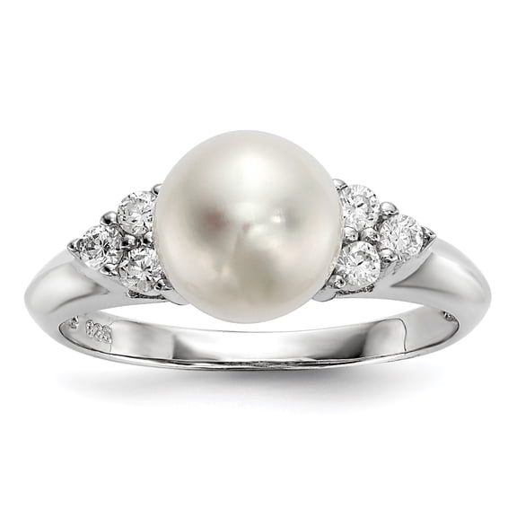 Sterling Silver Rhodium-plated 8-9mm White Button Freshwater Cultured Pearl and CZ Ring QR6544