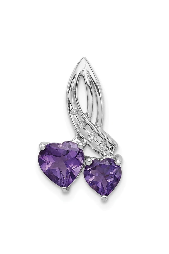 Sterling Silver RH Plated Diamond and Amethyst Double Heart Chain Slide