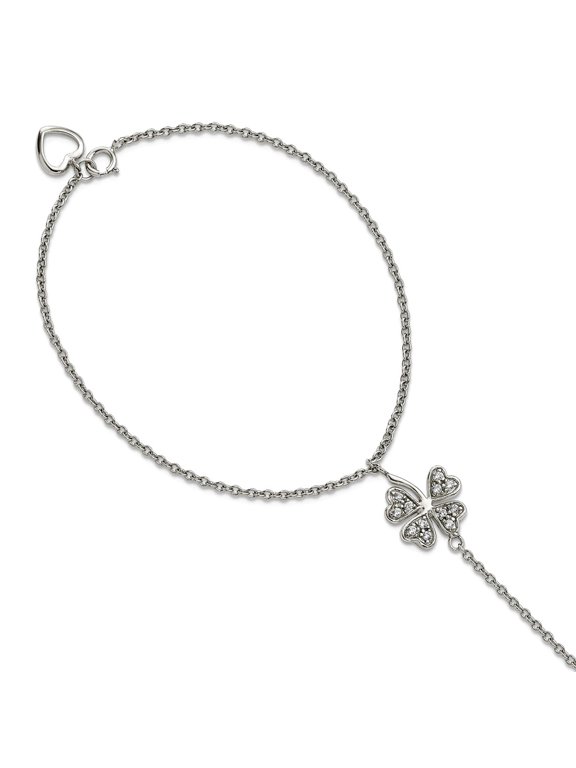 925 Sterling Silver Spring-Ring Polished Cubic Zirconia Four Leaf Clover Attached Ring Bracelet Size 7 Jewelry Set for W