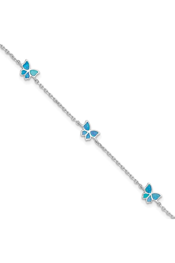 Sterling Silver Rhodium-plated Blue Created Opal Butterflies 9 inch Plus 0.5 inch Extender -Total 9.5 inch Anklet