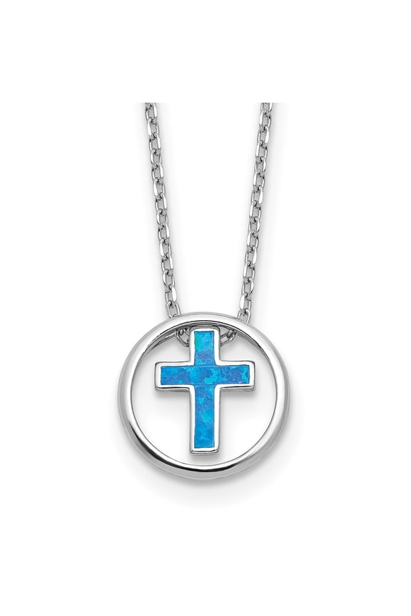 Sterling Silver RH-plated Blue Cr. Opal Inlay Cross 16in w/2in ext Necklace