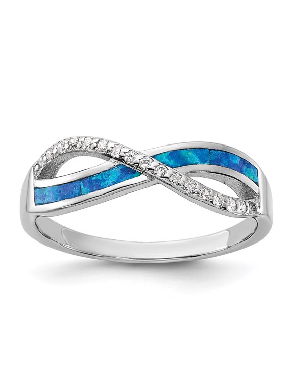 Sterling Silver RH-plated CZ and Blue Cr. Opal Inlay Infinity Symbol Ring