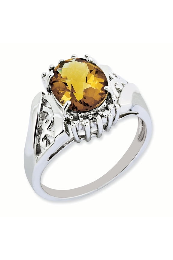 Sterling Silver RH-plated Checker-Cut Whiskey Quartz & Oval Diamond Ring