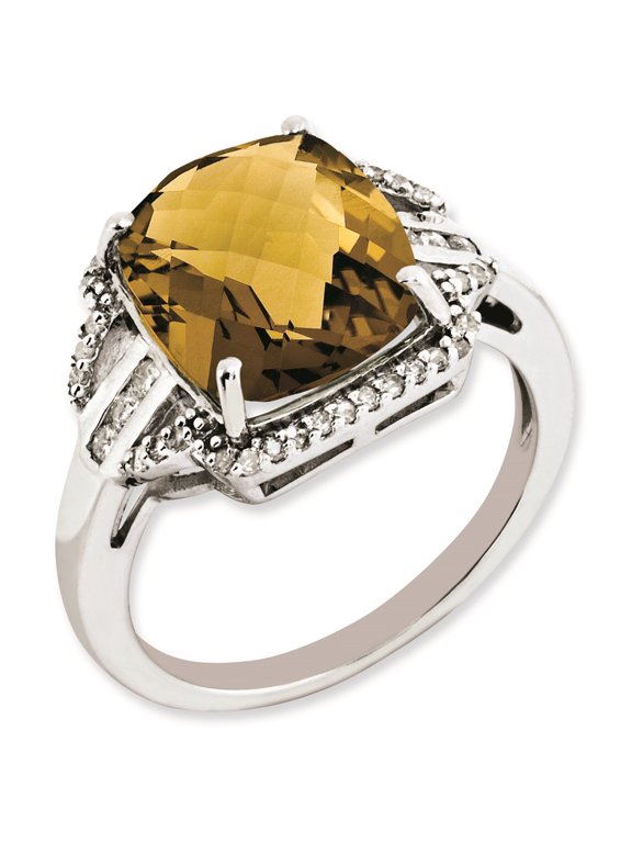 Sterling Silver RH-plated Diamond & Checker-Cut Whiskey Quartz Ring