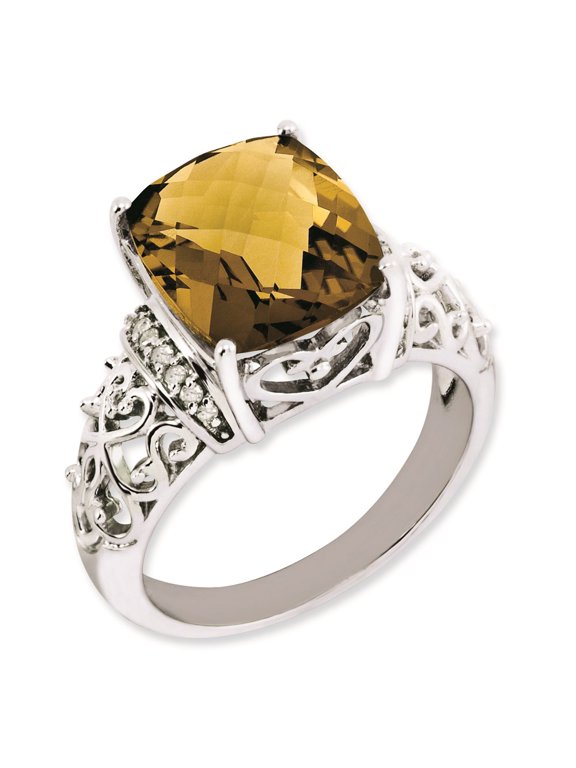 Sterling Silver RH-plated Diamond & Checker-Cut Whiskey Quartz Ring