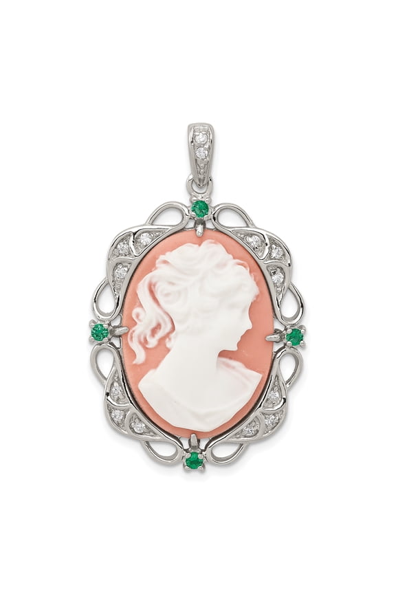 Sterling Silver Rhodium-plated Filigree Frame with Green Glass and Clear CZ Accents Plastic Pink Lady Cameo Pendant QP1263