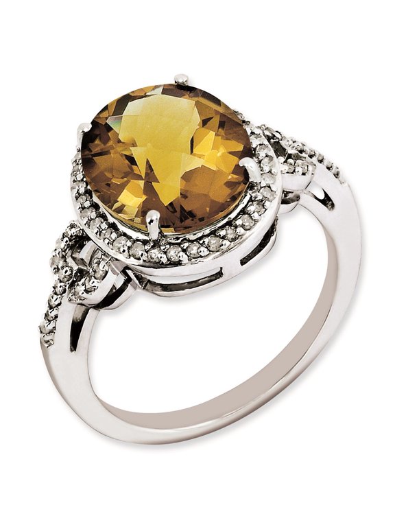 Sterling Silver RH-plated Oval Diamond & Checker-Cut Whiskey Quartz Ring