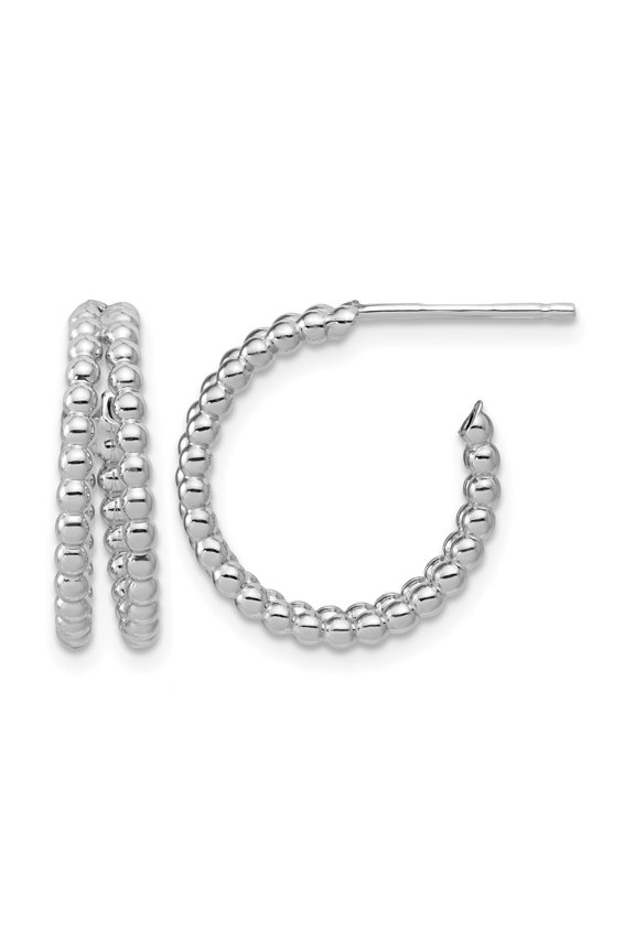 Sterling Silver RH-plated Polished Beaded J-Hoop Earrings