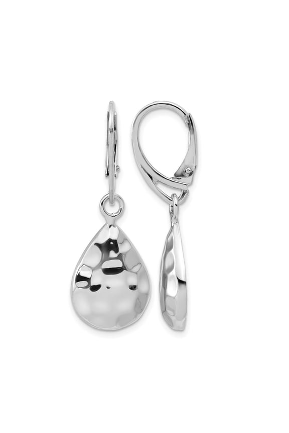 Sterling Silver RH-plated Polished Hammered Leverback Earrings